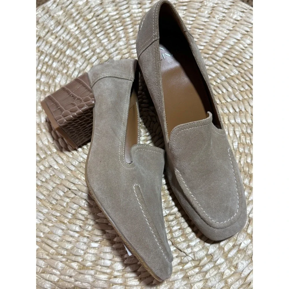 Donald Pliner Suede Loafer Block Heel Dress Shoes Square Toe Slip On‎ Taupe 6